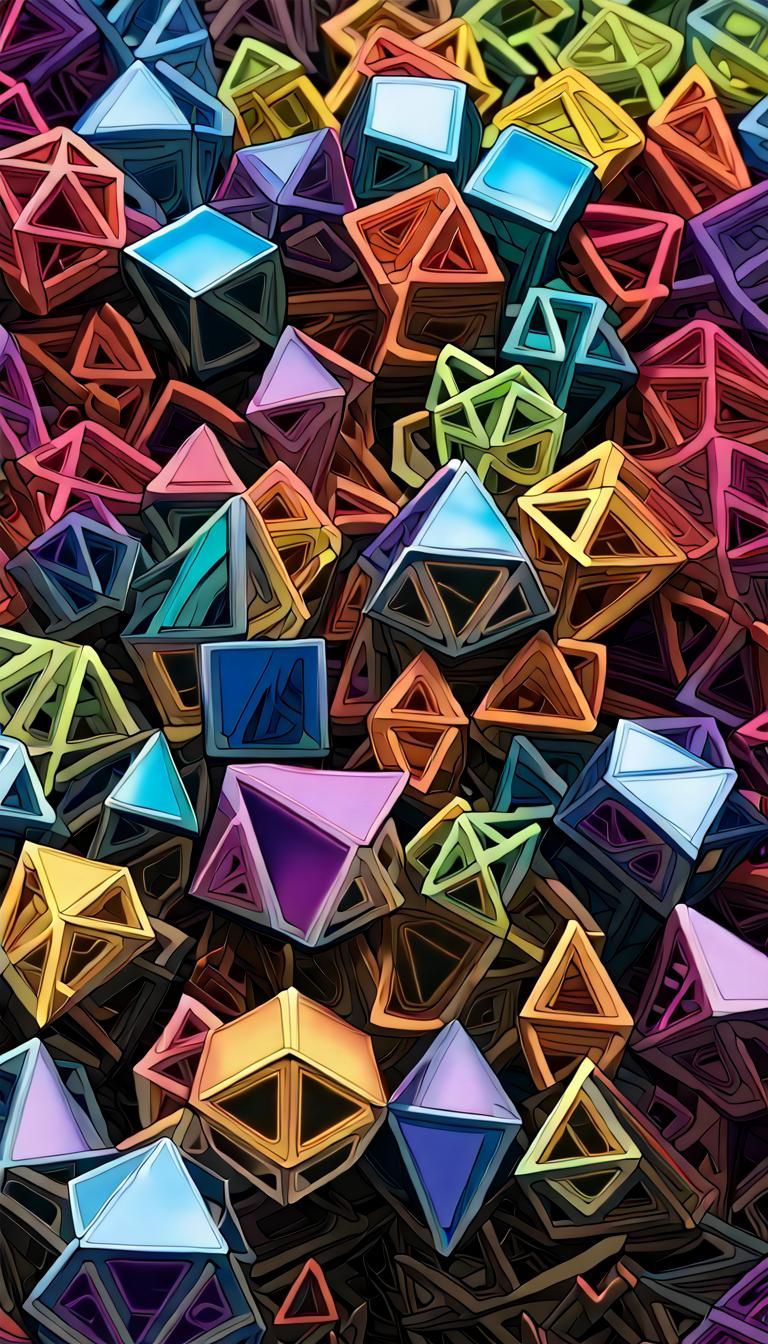 Iridescent Platonic Solids on Op-Art Background