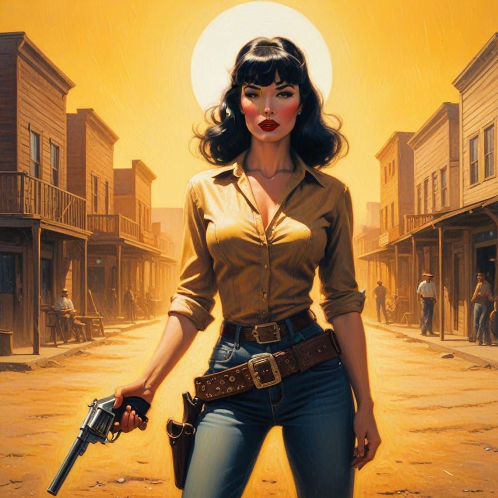 Sultry 1950s Cowgirl with Colt Revolver in Desert Town