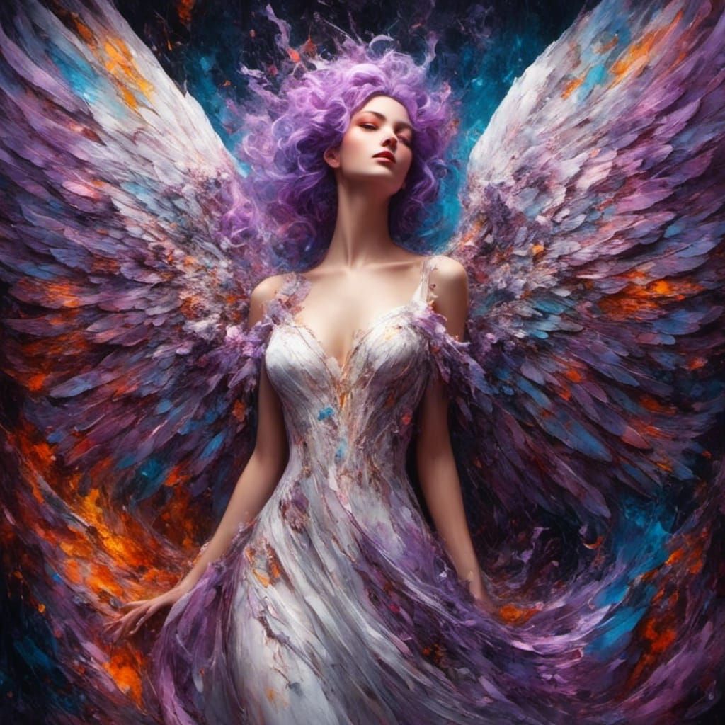 Rainbow Angel with Lavender Wings in Fairycore Style