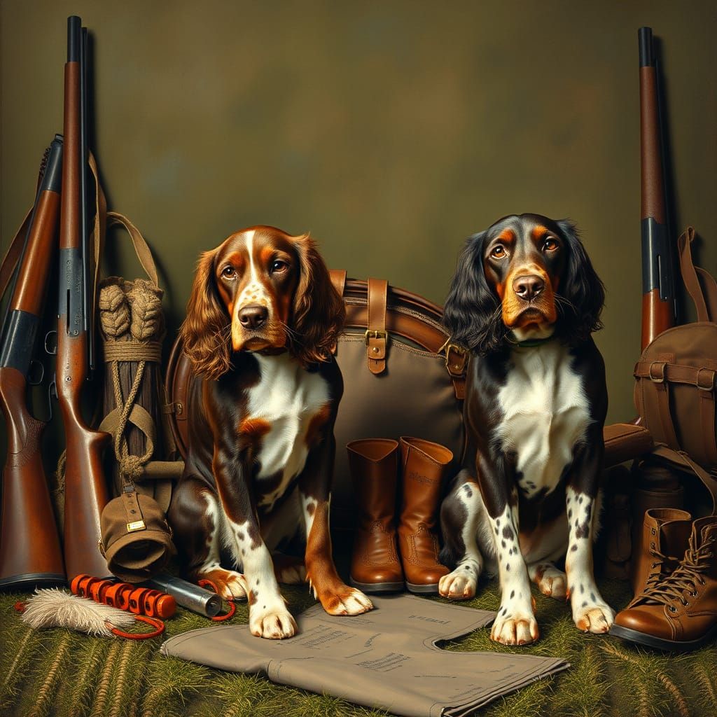 Springer Spaniels Hunting Scene in Rustic Style