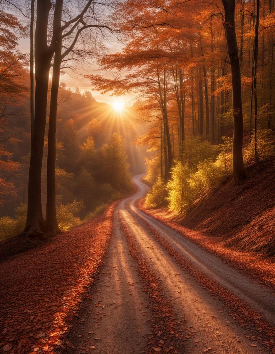 Autumn Forest Landscape with God Rays