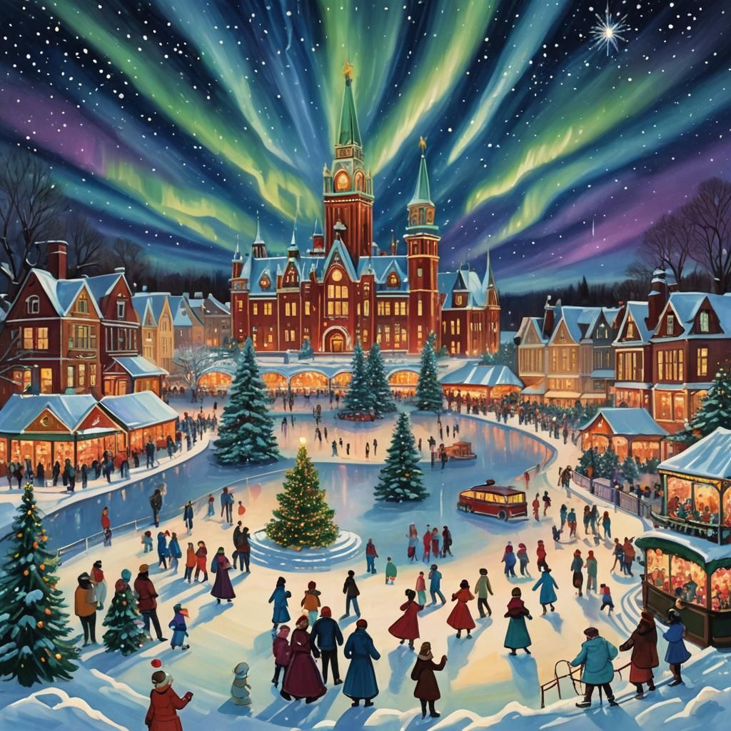 Festive Christmas Radio Sign in Snowy Victorian Town