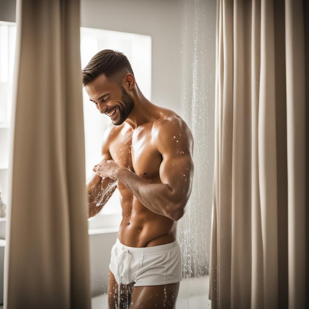 Smiling Man in Shower: Natural Light Photography