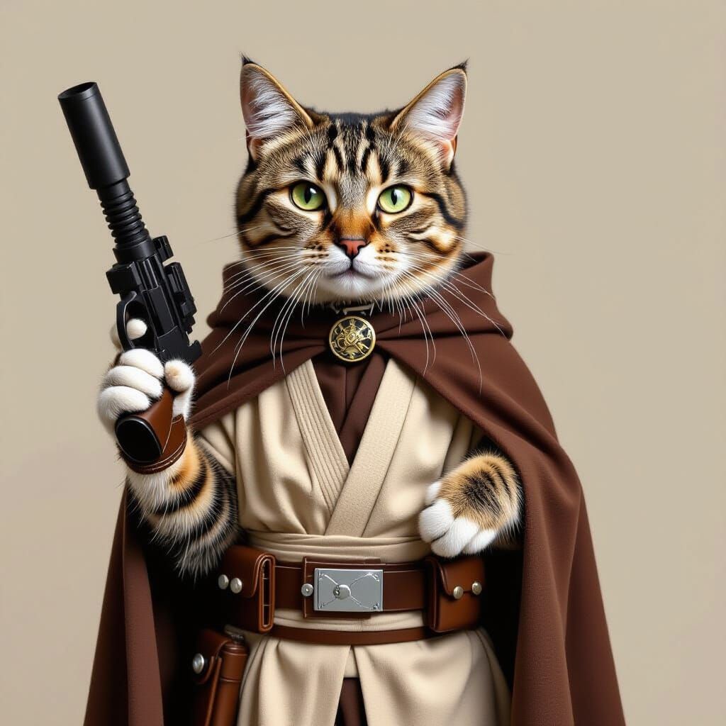 Orange Tabby Cat in Jedi Costume with Blaster
