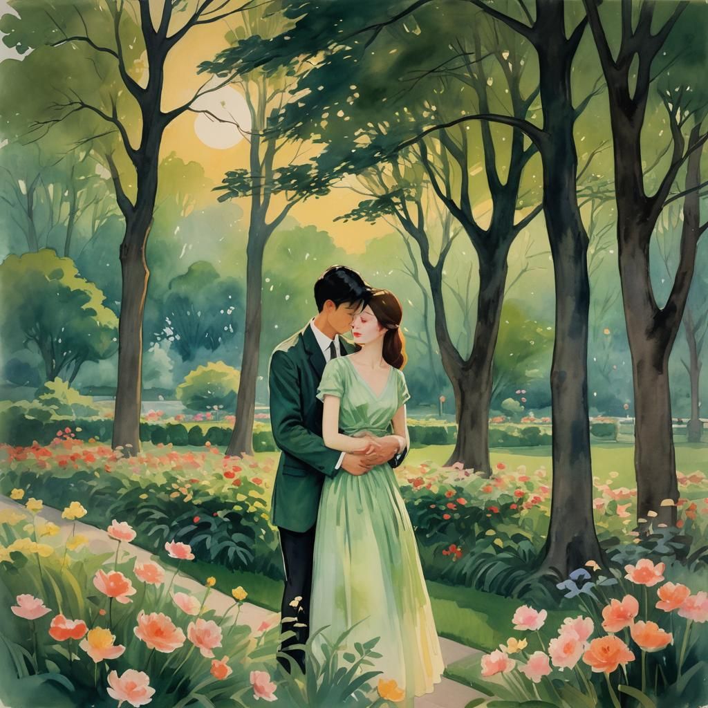 Romantic Couple in Moonlit Park: Impressionistic Style