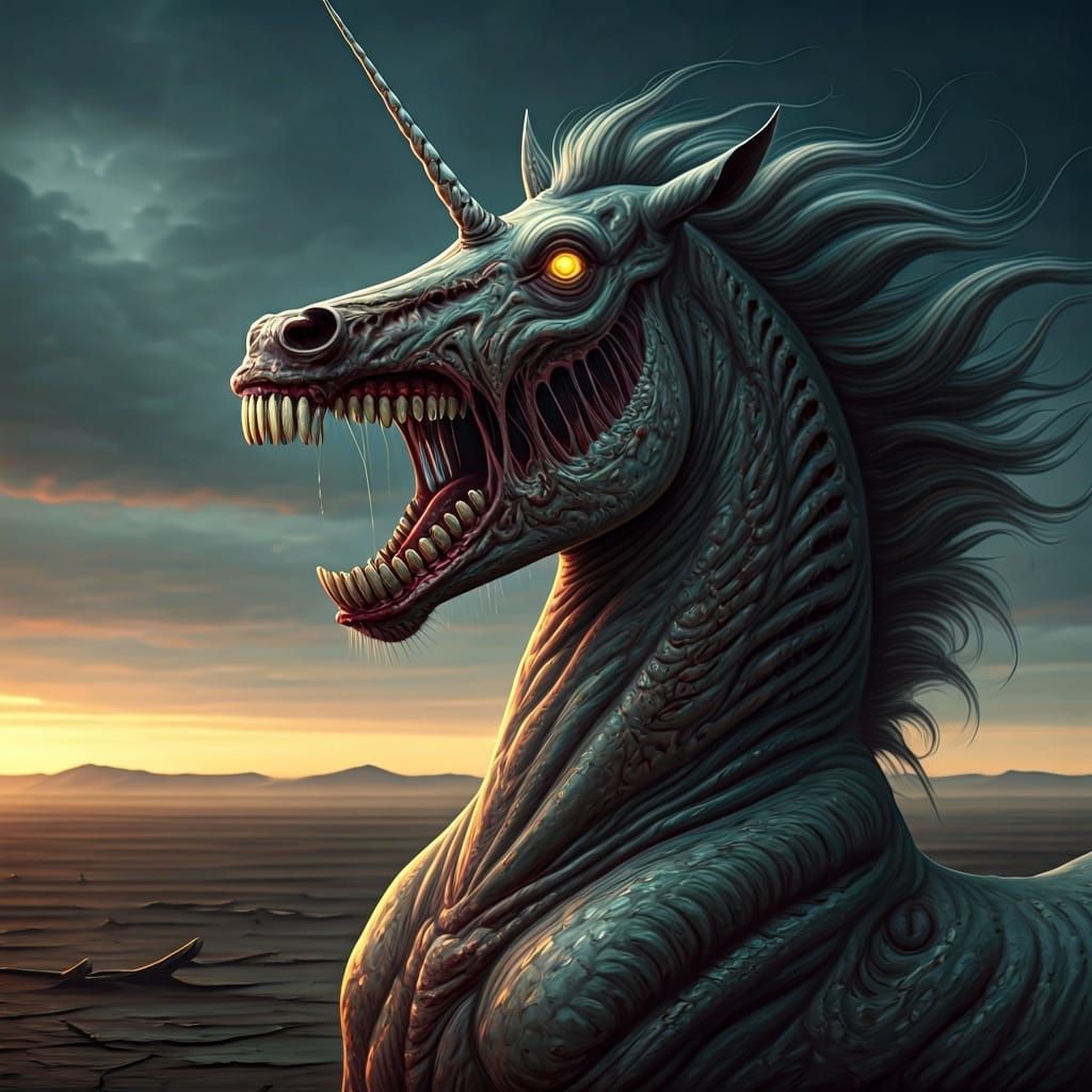 Surreal Unicorn in Desolate Landscape, Dark Fantasy Art