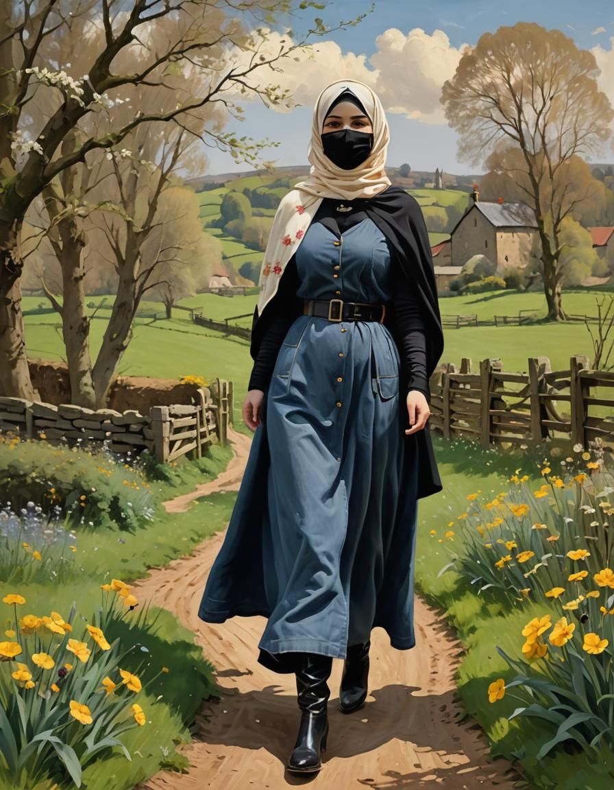 Curvy Woman in Hijab Strolling Through Spring Countryside