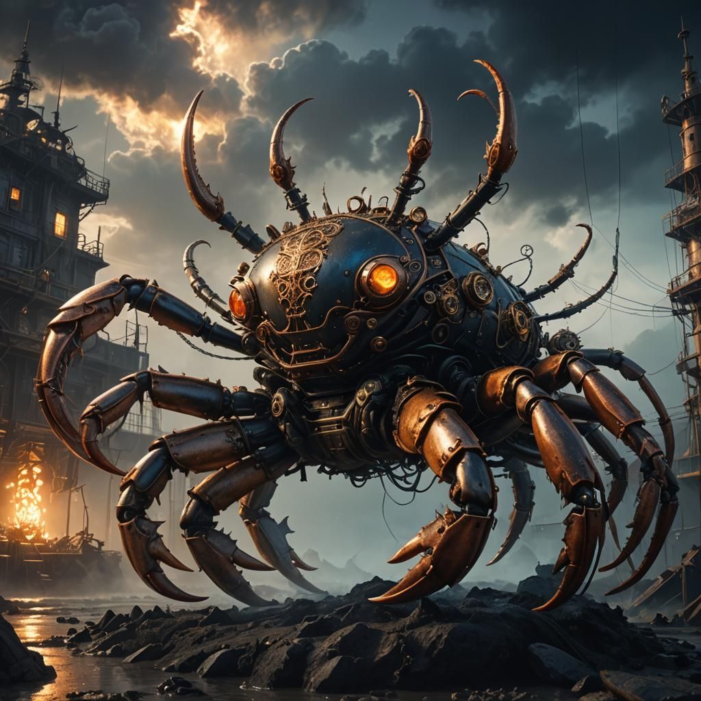 Steampunk Crab Under Black Sun in Apocalyptic Art