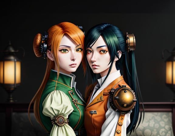 Steampunk Anime Twins Kissing in Misty Setting