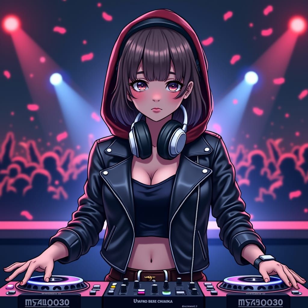 Anime DJ Girl at Decks with Splash Art Style
