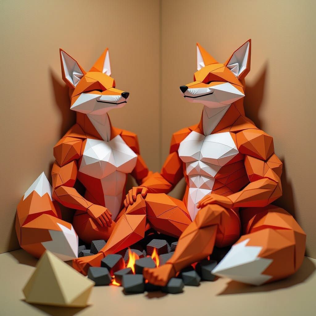 Muscular Foxes Relaxing in Origami Sauna
