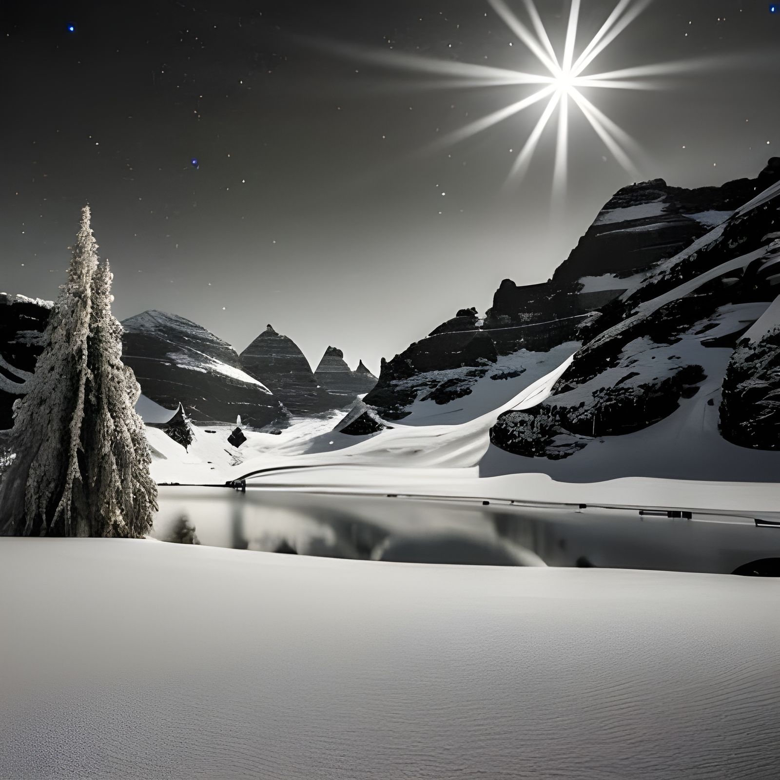 Vintage Black and White Christmas Star Landscape Poster