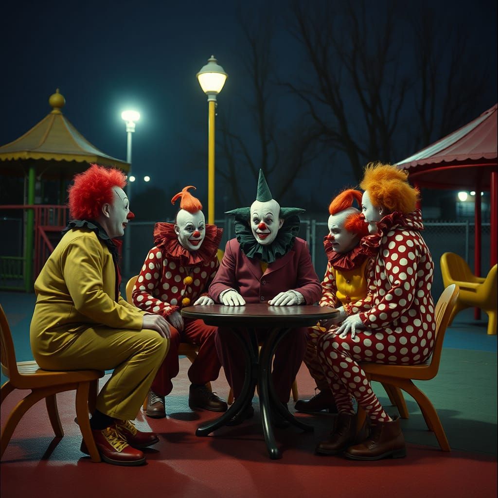 Clowns' Clandestine Midnight Meeting in Playground