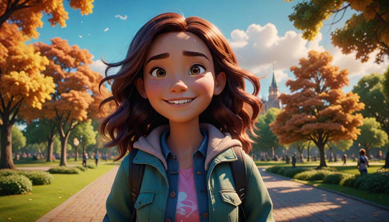 Girl in Park: Pixar-Style 3D Animation