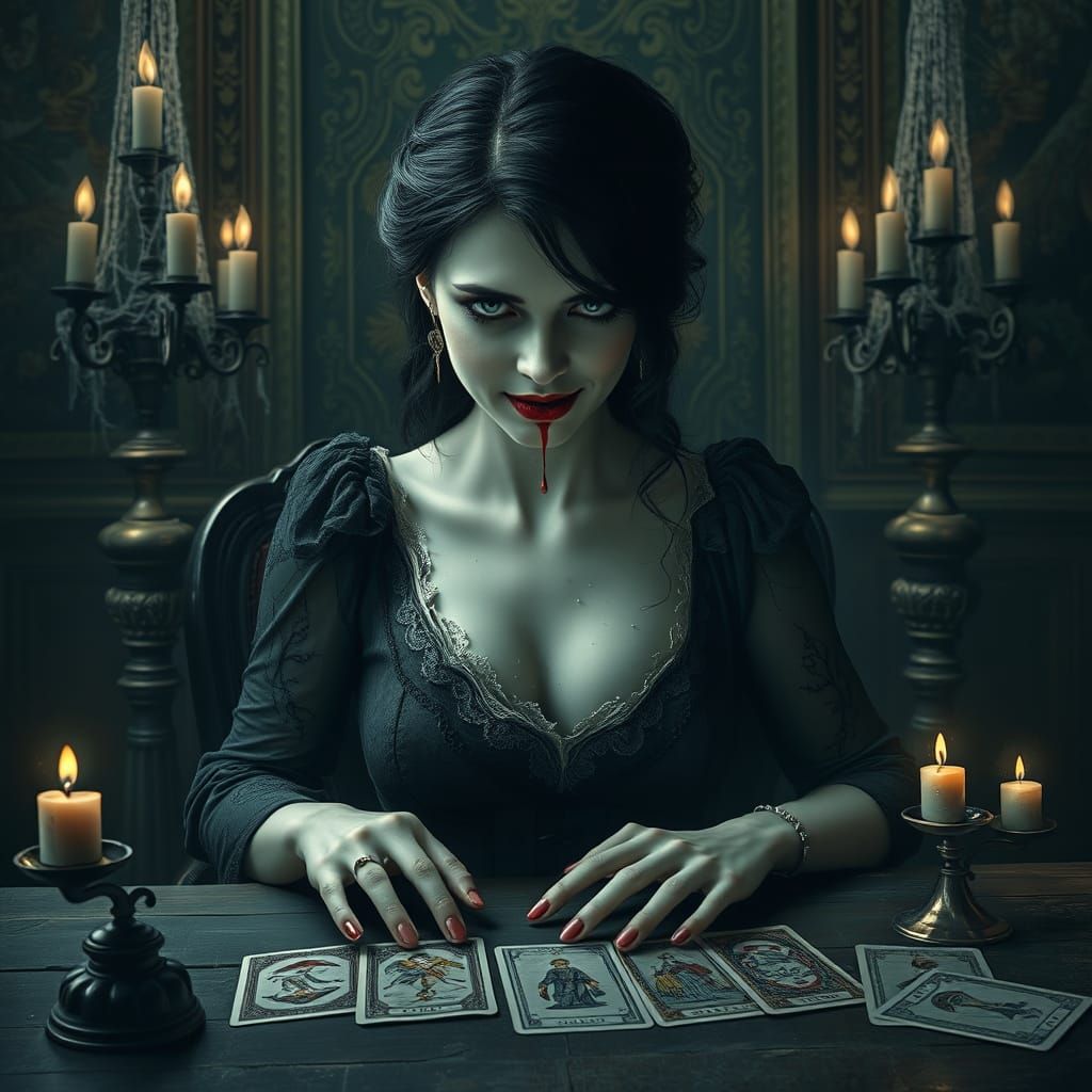 Dark, Victorian-Era Tarot Reader with Sinister Smile and Blo...