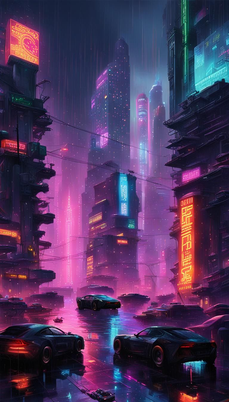 Cyberpunk Cityscape in Neon Rain