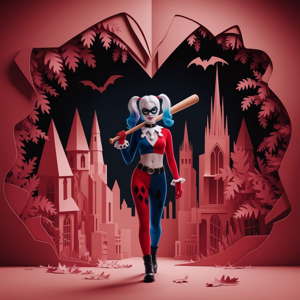 Harley Quinn in Papercut Gothic City