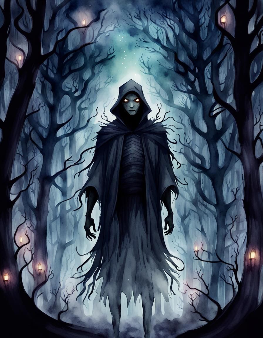 Watercolor Shadowman in a Foggy Forest