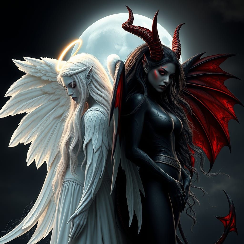 Angel and Demon Confrontation in Vibrant, Hyperrealistic Det...
