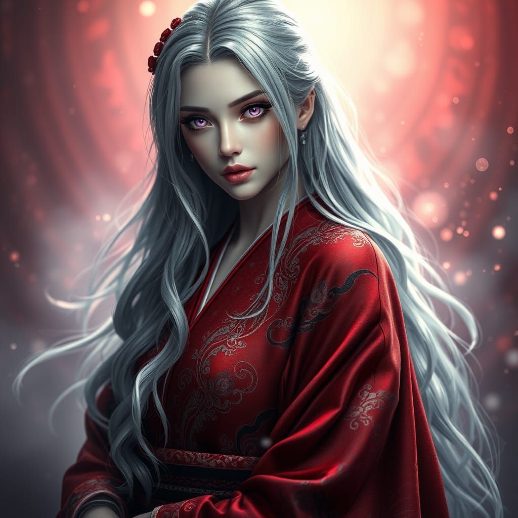 Silver-Haired Woman in Kimono with Fantasy Elements