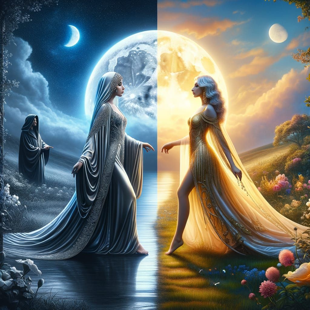 Day and Night Personified: Women Holding Hands