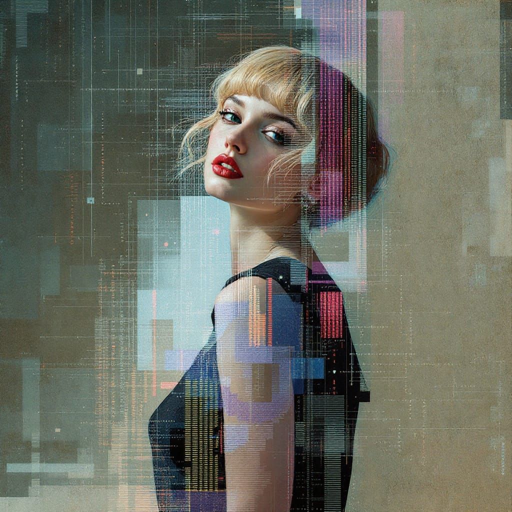 1950s Pin-Up in Glitch Art Meets Art Nouveau