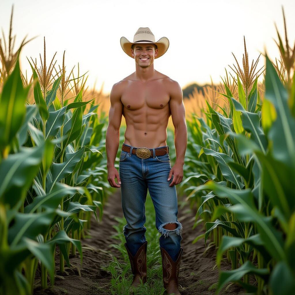 Shirtless Farmer in Corn Field