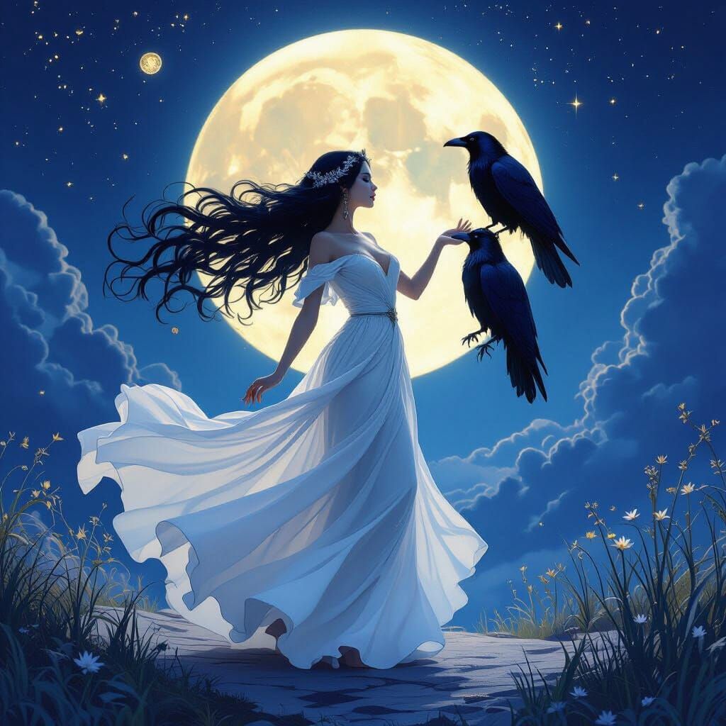 Raven-Haired Moon Goddess Manifesting Dreams in Fantasy Scen...
