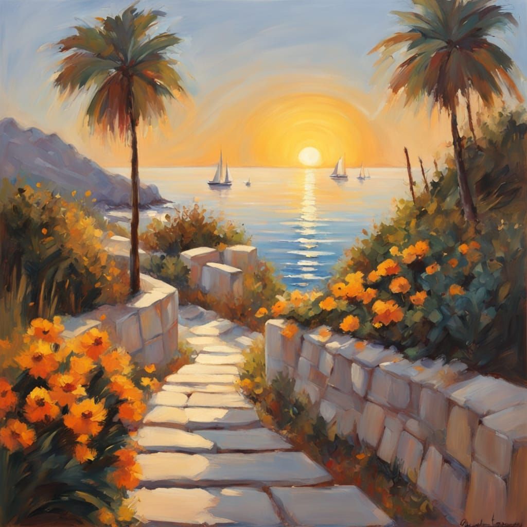 Seaside Path with Golden Sunset, Inspired by Classical Art