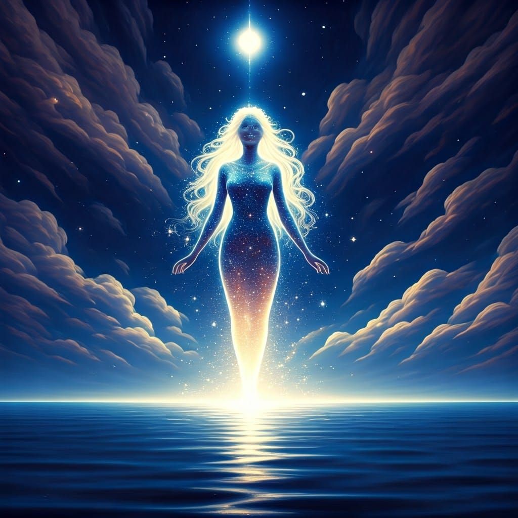 Ethereal Starlight Woman in Mystical Landscape