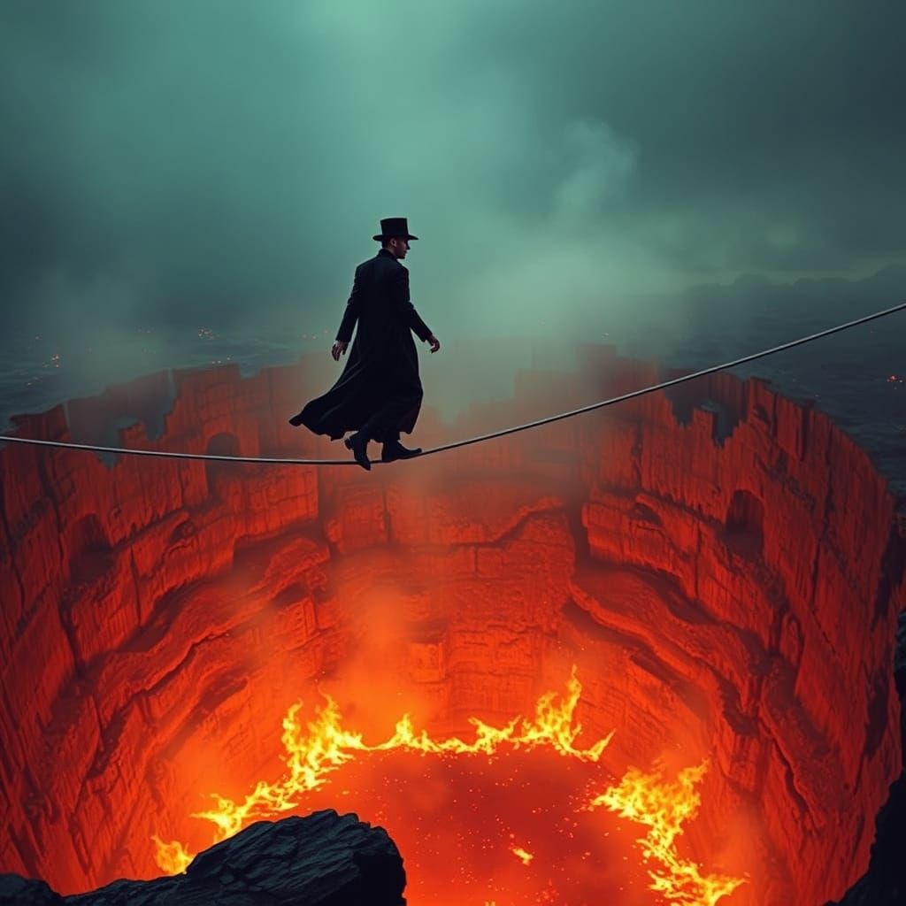 Dramatic Tightrope Walker Over Fiery Abyss
