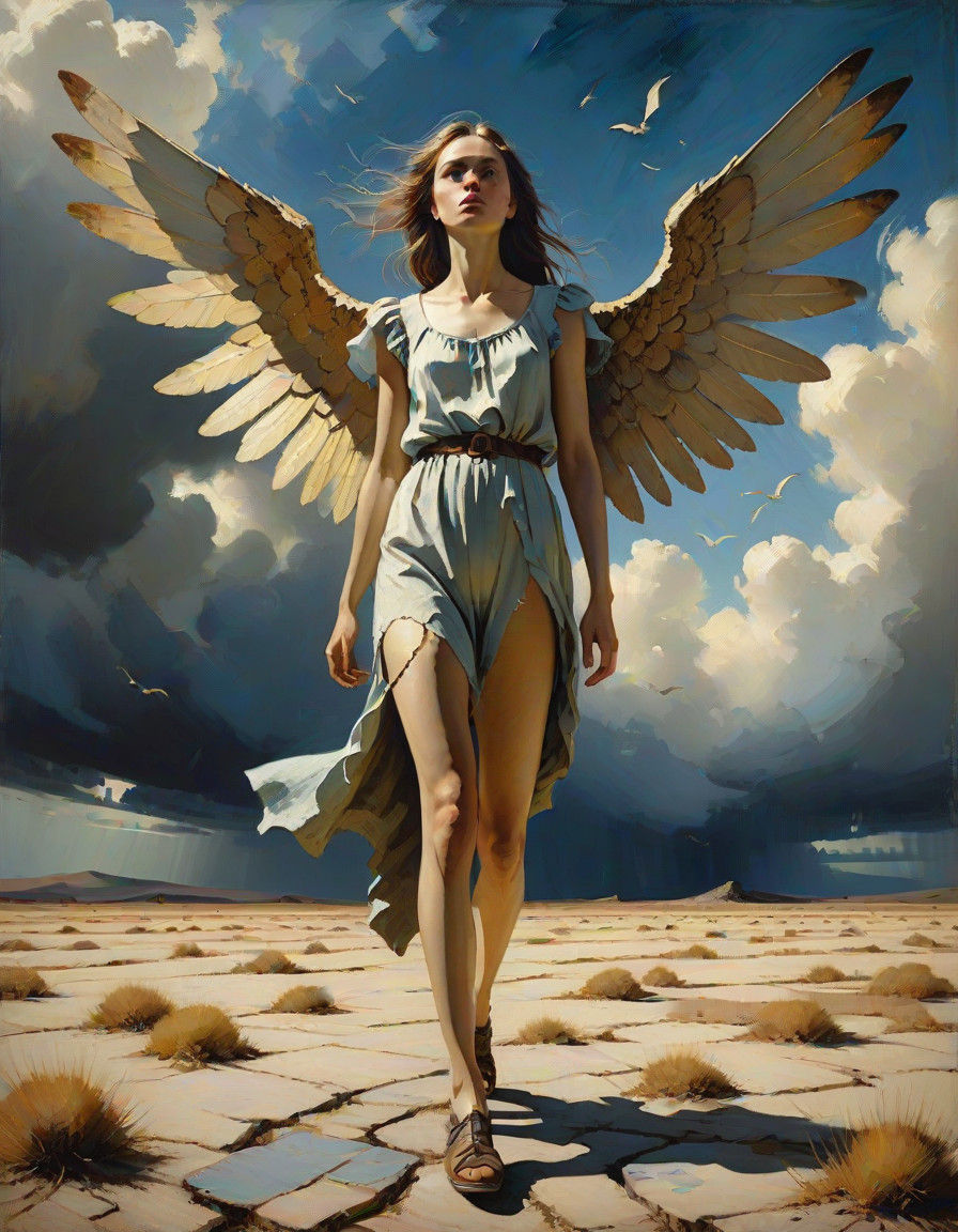 Desolate Goddess with Wings in a Moody Landscape