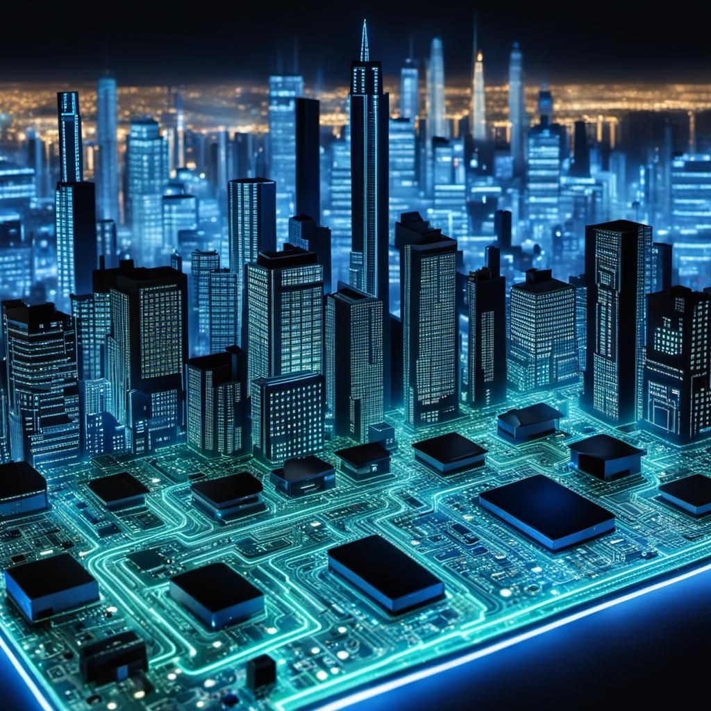 Glowing Circuit Cityscape on Computer Board