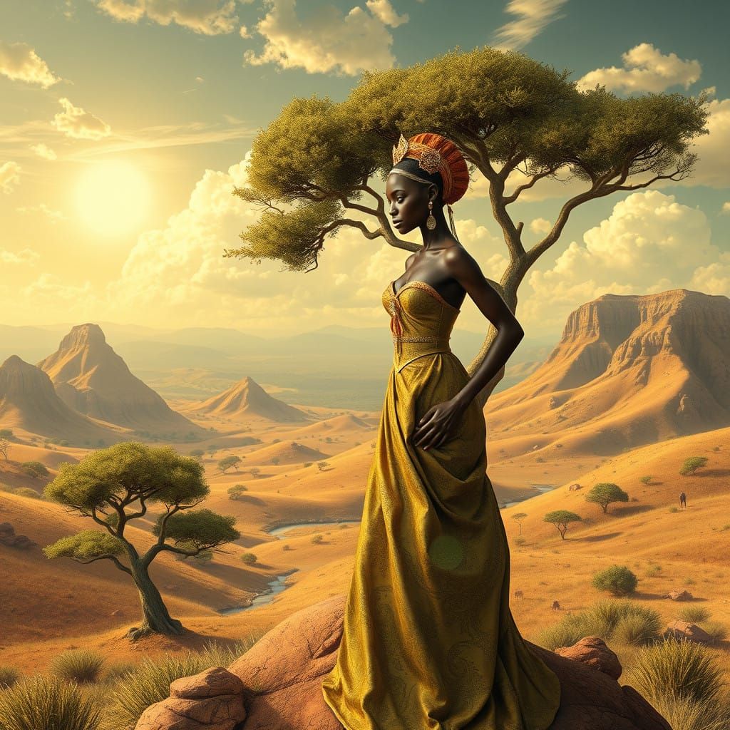 African Princess in Escher-Inspired Earthy Landscape