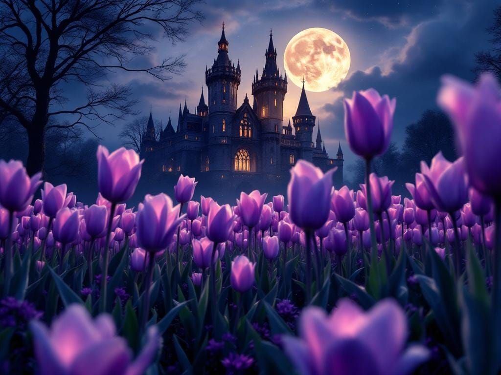 Purple Tulips and Gothic Castle in Fantasy Style