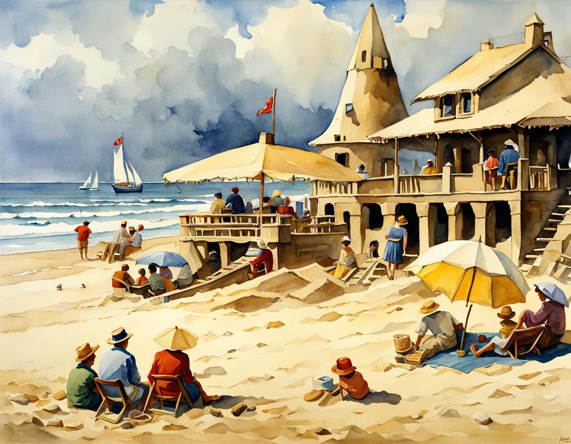 Beach Sandcastle Watercolor Painting