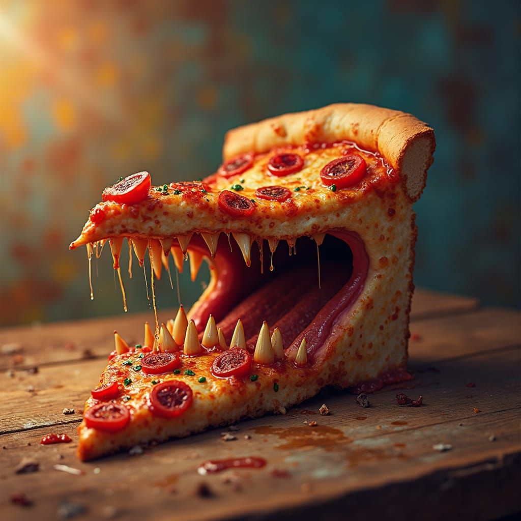 A pizza slice open a mouth full of sharp teeth ready to bite the person eating it. Hyperrealistic, splash art, concept a...
