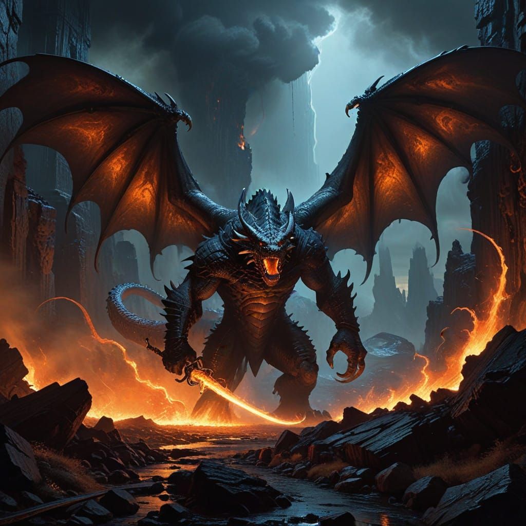 Dark Fantasy Epic: Dragon vs. Demon in Fiery Ruins