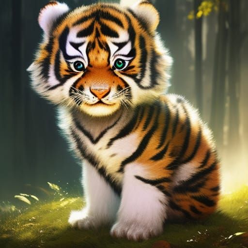 Fluffy Chibi Tiger Cub Portrait in Digital Art Style