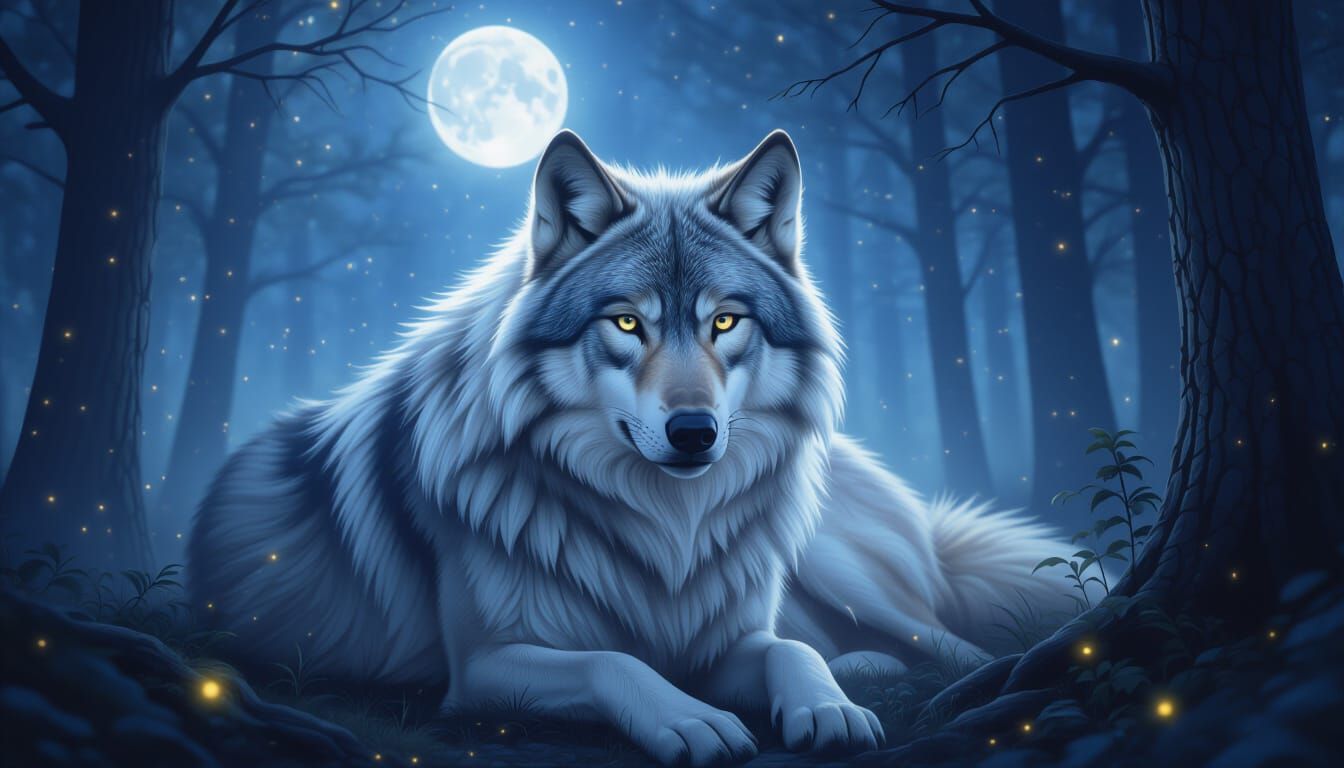 Silver Wolf Merges With Moonlit Forest in Surreal Style