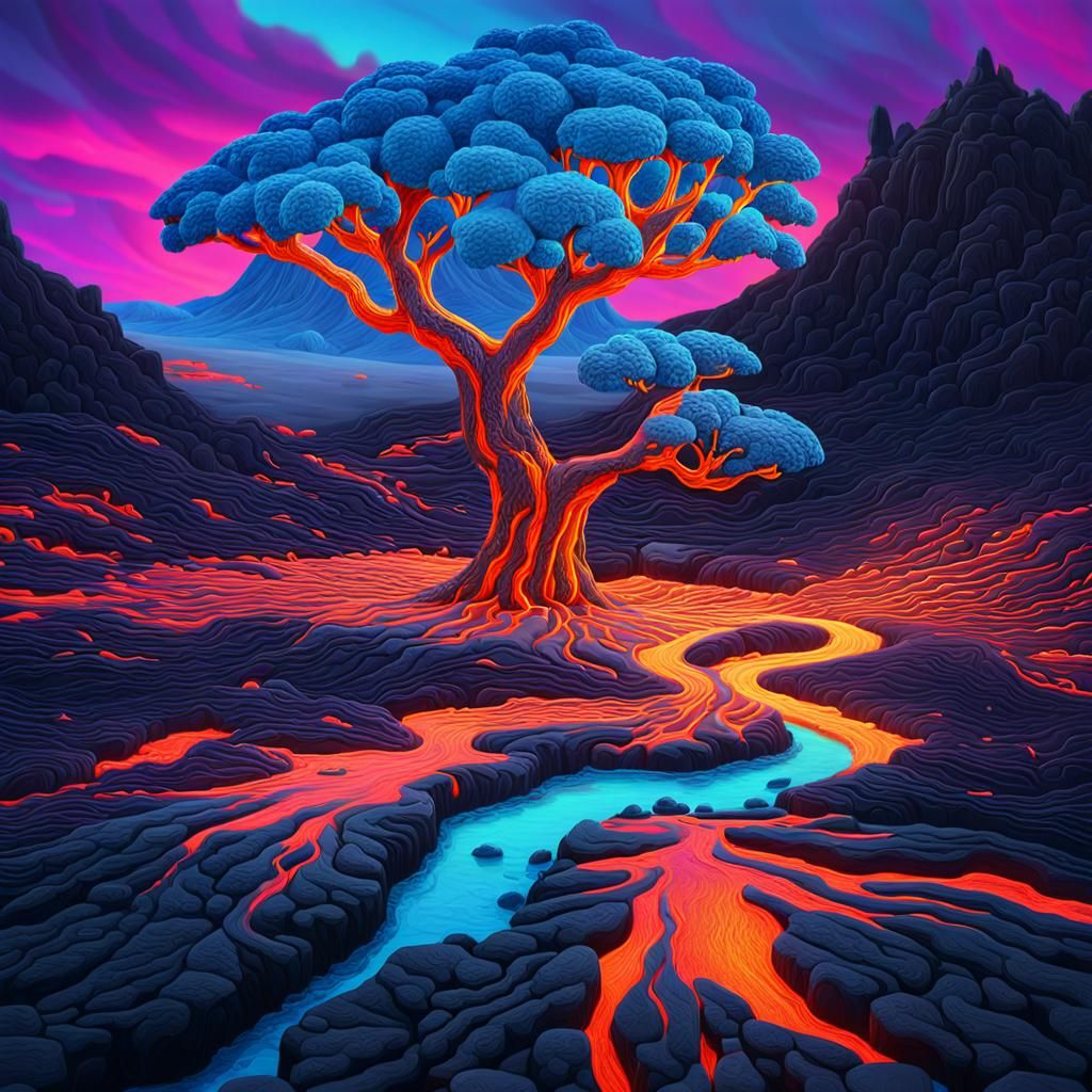 Magical Lava Tree in Surreal Snowy Landscape