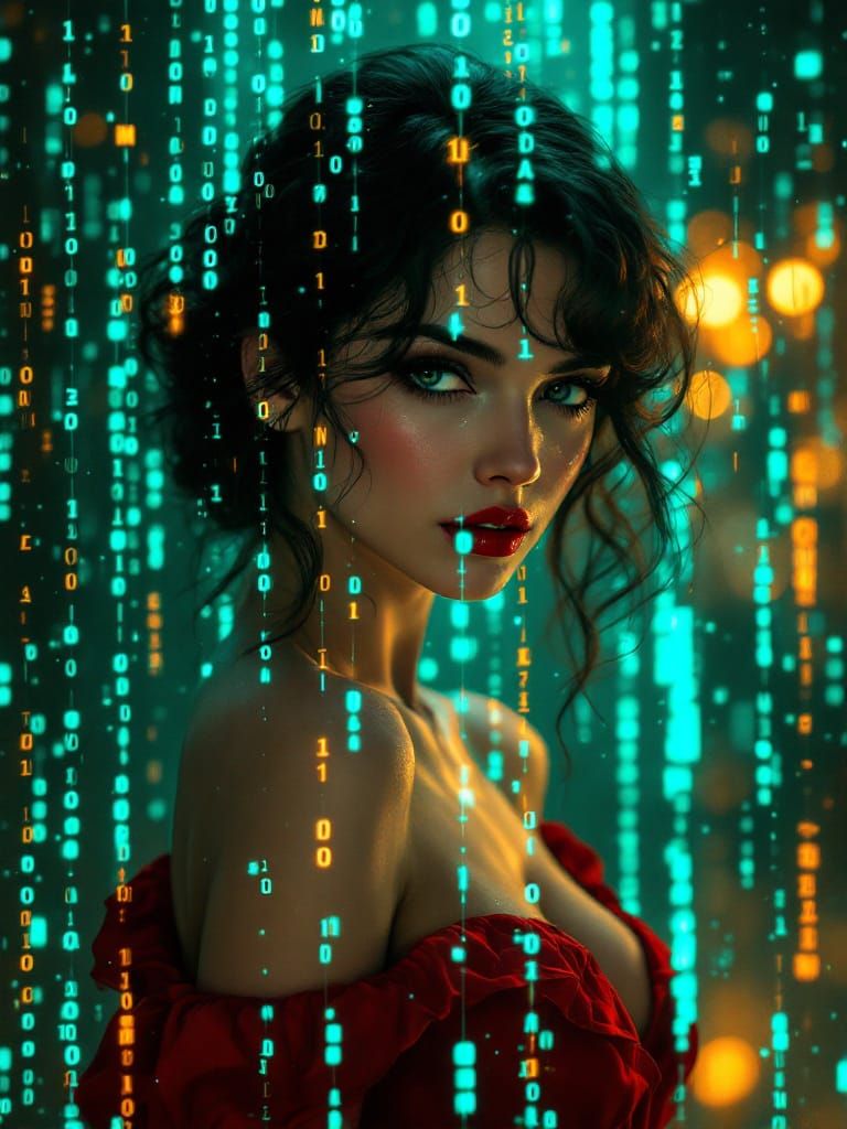 Cyberpunk Pin-Up Woman with Digital Rain Veil