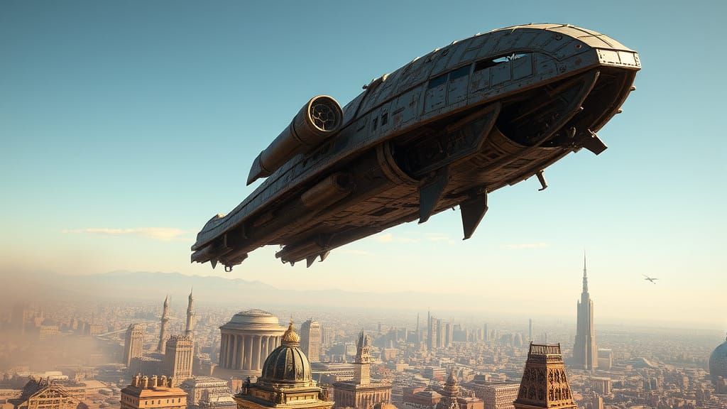 Cyberpunk Alien Ship Soars Over Cityscape