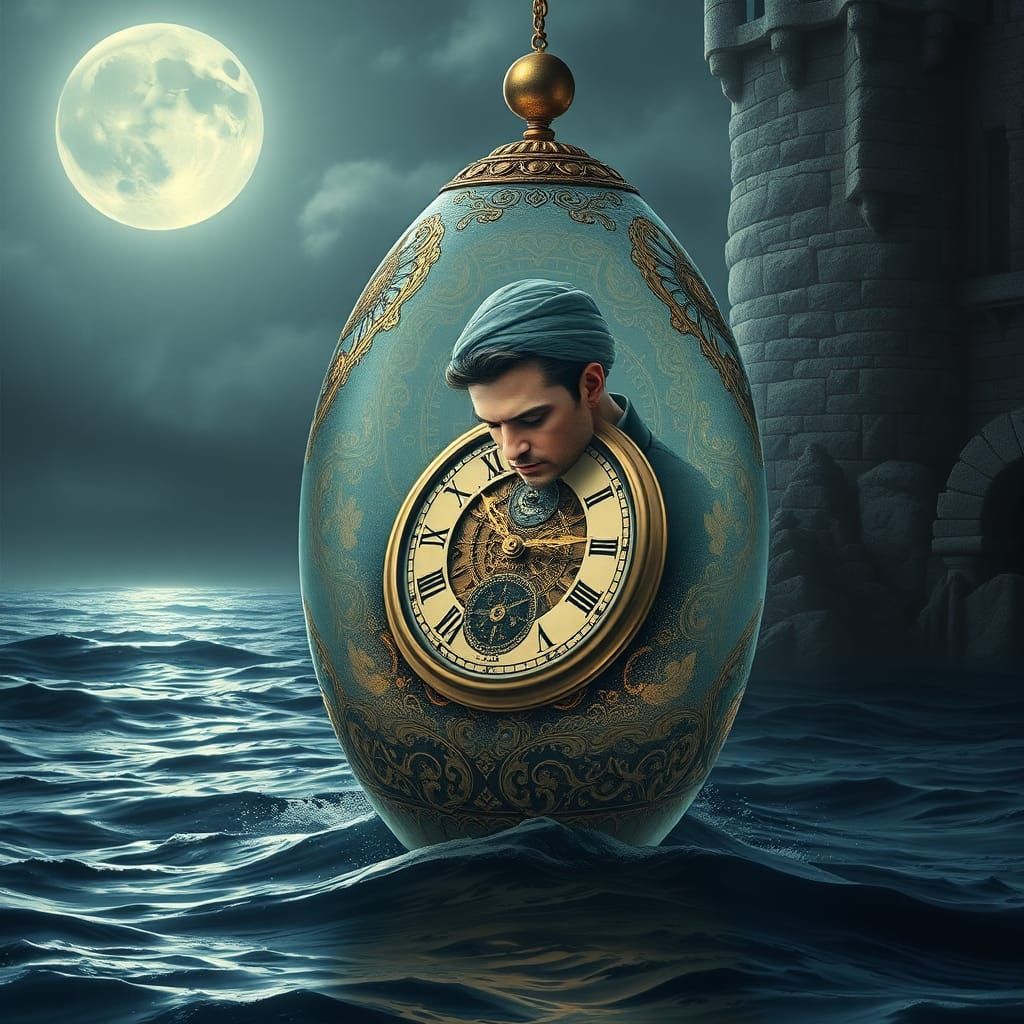 Magical Glass Egg on Moonlit Ocean, Surreal Scene