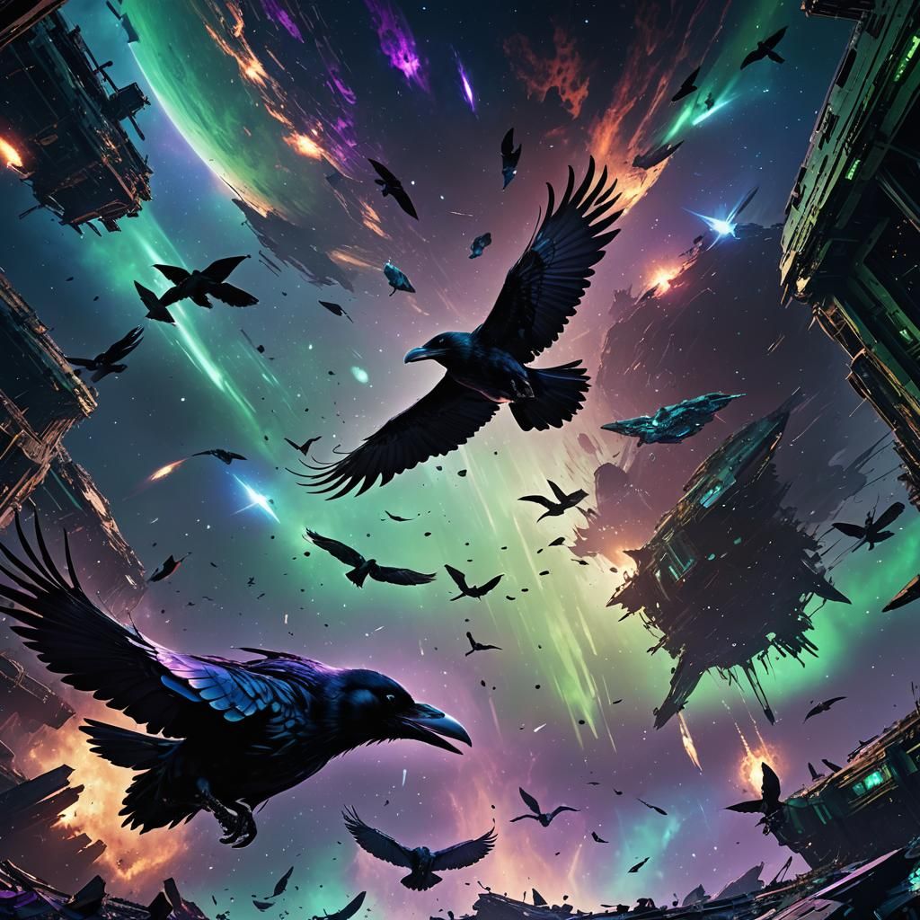 Ravens in Space Near Glowing Spaceship: Digital Matte Painti...
