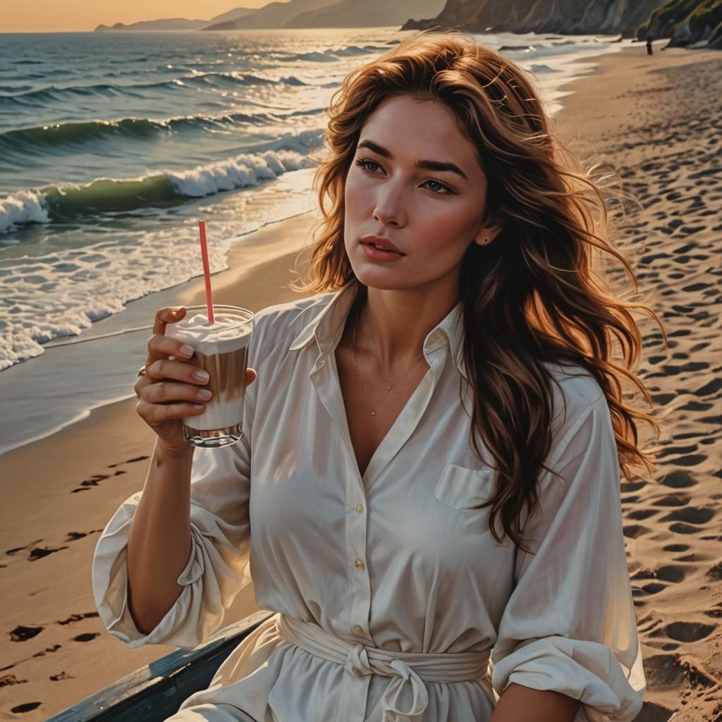 Hyperrealistic Sunset Beach Scene with Cliffside Movie