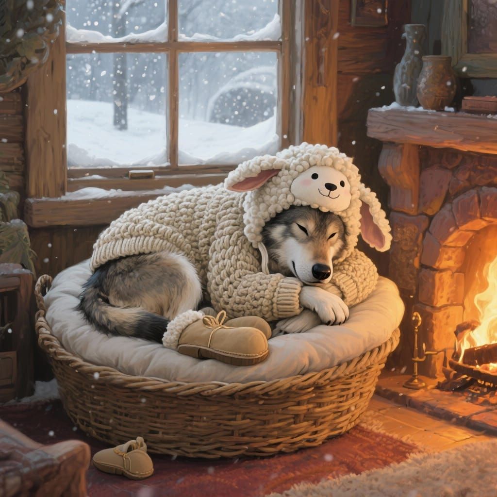 Wolf in Cozy Wool Sweater and Sheep Hat