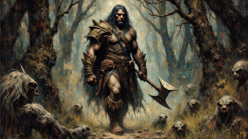 Barbarian's Forest Journey: Frazetta-Inspired Art
