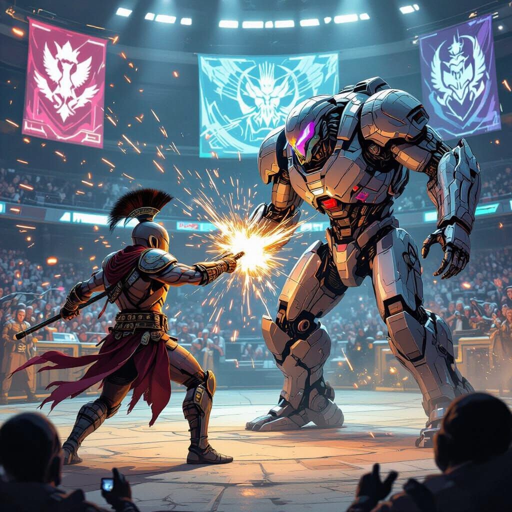 Gladiator Battles Cyborg in Futuristic Arena: Comic Book Art