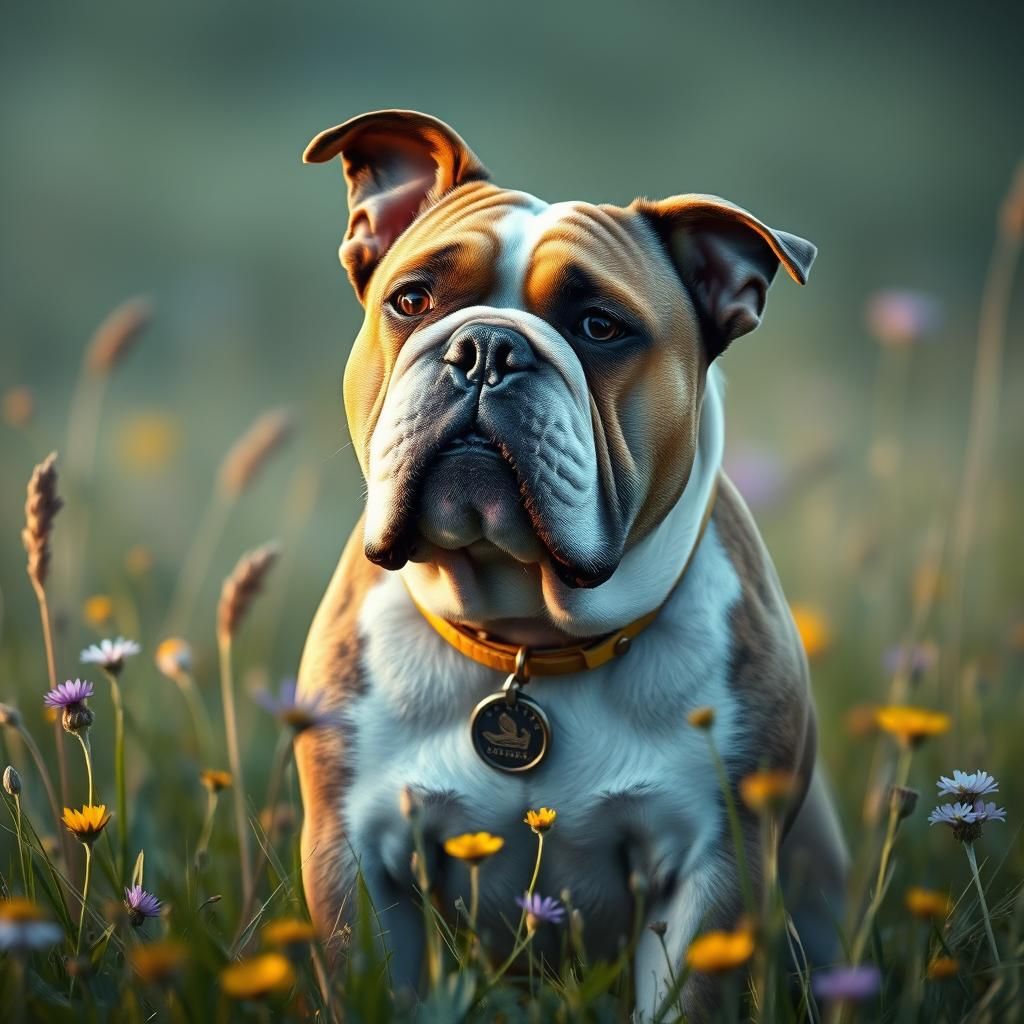 Melancholy Bulldog in Wildflower Field: Watercolor Art